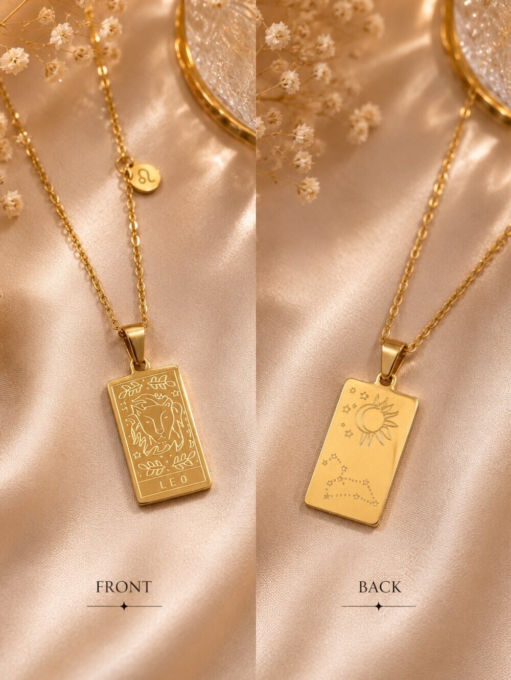 Leo Zodiac Tarot Card Necklace 18K Gold Plated Titanium Steel Astrology Pendant